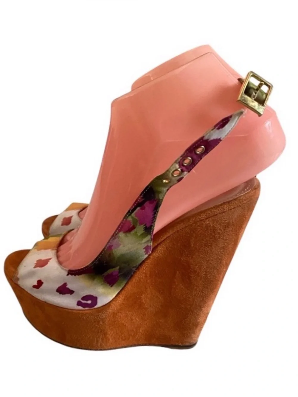 Baldan hi wedge floral/suede slingback platform shoes 36.5